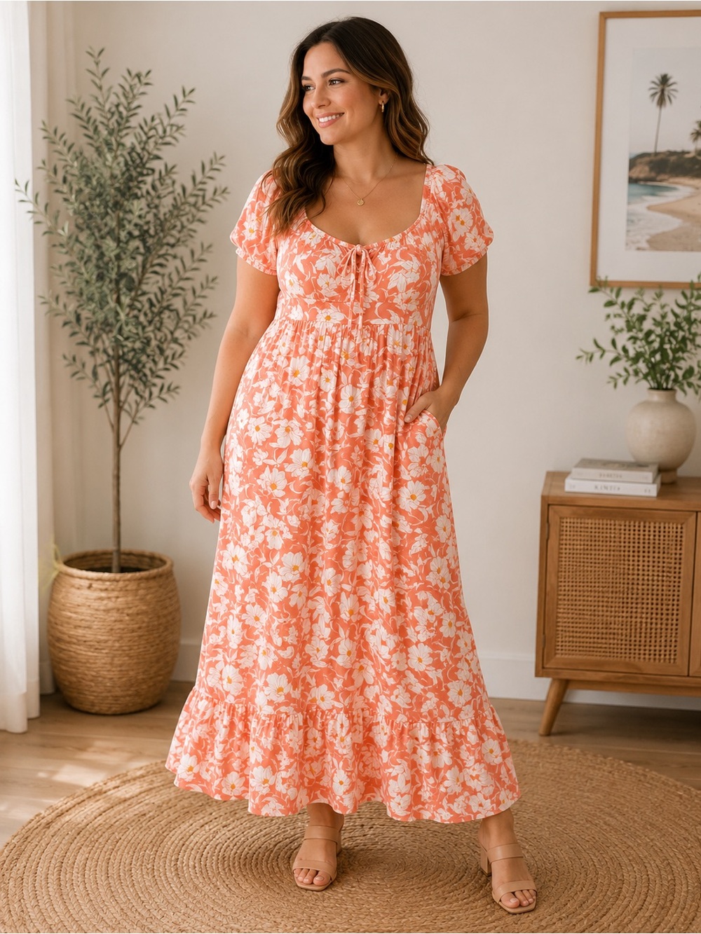Torrid Coral Floral Maxi Dress Size 0 Large Cottagecore Boho